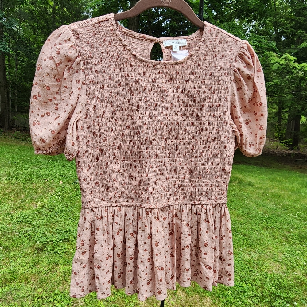Smocked Peplum Floral Puff Sleeve Top Small